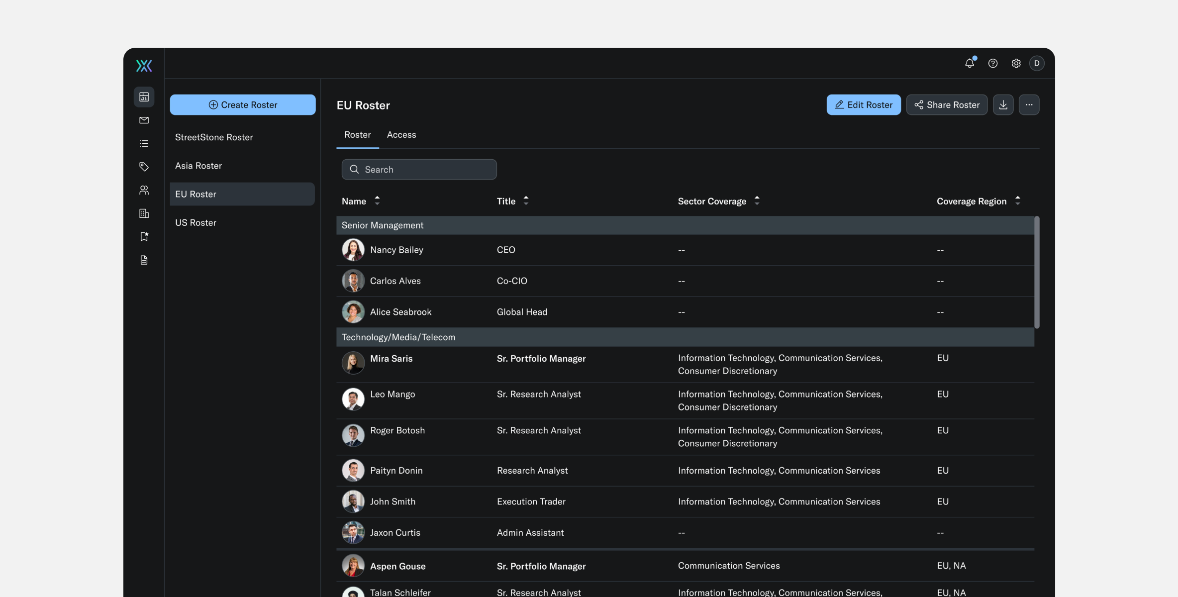 Live Employee Roster interface